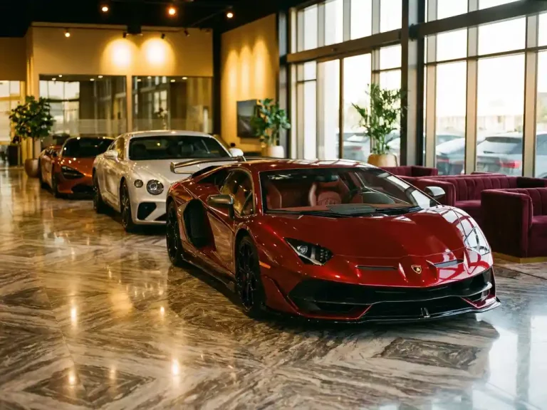 Drie luxe sportwagens - Lamborghini, Bentley en McLaren - op glanzende marmeren vloer in exclusieve showroom met dramatische verlichting