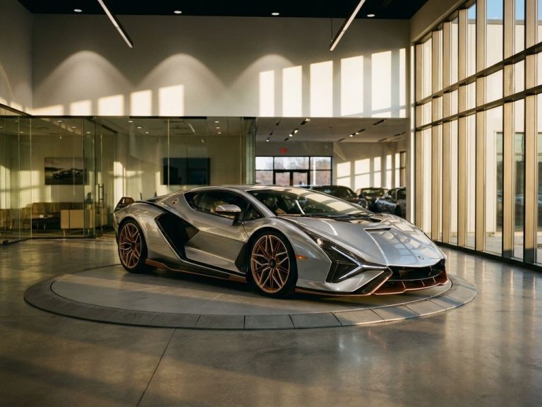 Glanzende metallic supercar in luxe showroom met dramatische verlichting en moderne architectuur