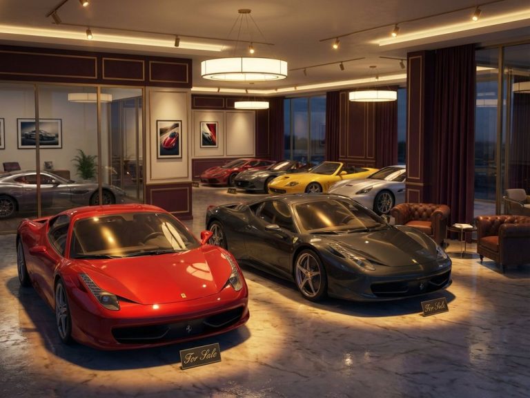 Luxe supercar showroom met glanzende sportwagens te koop, gouden verlichting op marmeren vloeren in exclusieve dealer.