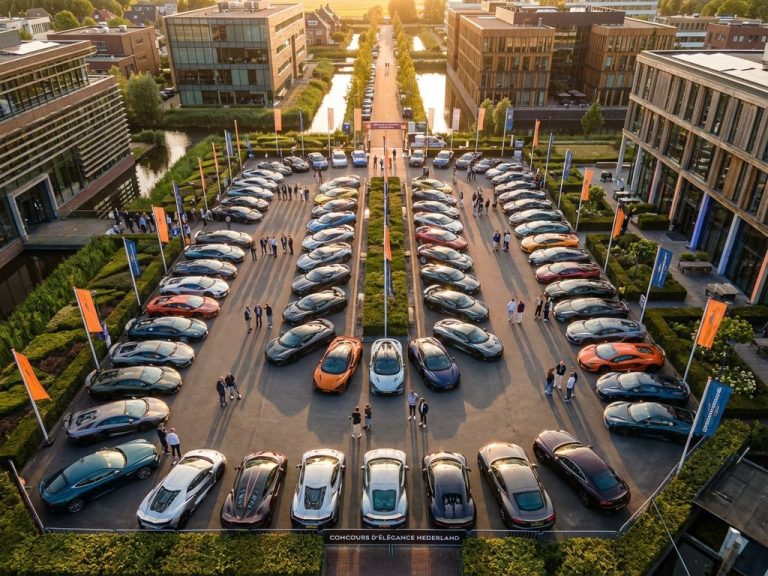 Luchtfoto van luxe supercars Lamborghini, McLaren en Bentley op premium auto-evenement in Nederland tijdens gouden uur