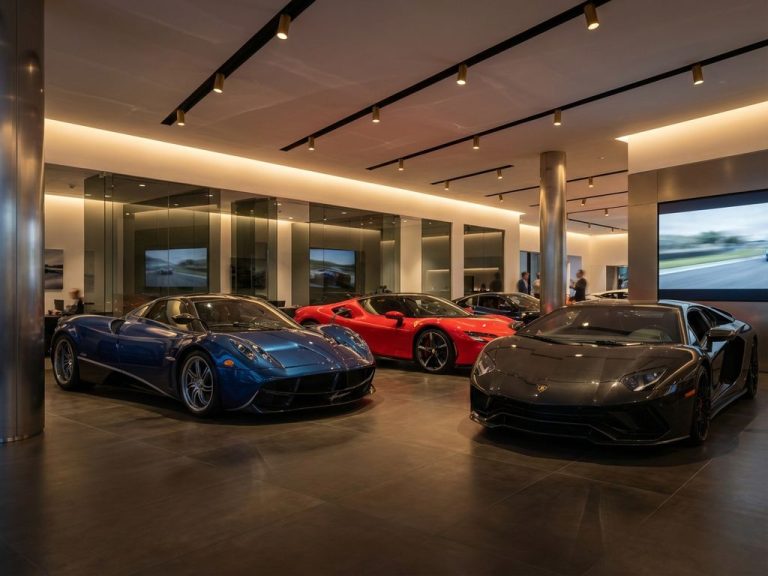 Luxe sportwagens in verschillende kleuren tentoongesteld in moderne showroom met dramatische verlichting