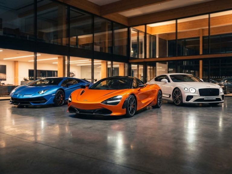 Drie luxe sportwagen in moderne showroom: oranje McLaren, blauwe Lamborghini en witte Bentley op glanzende vloer