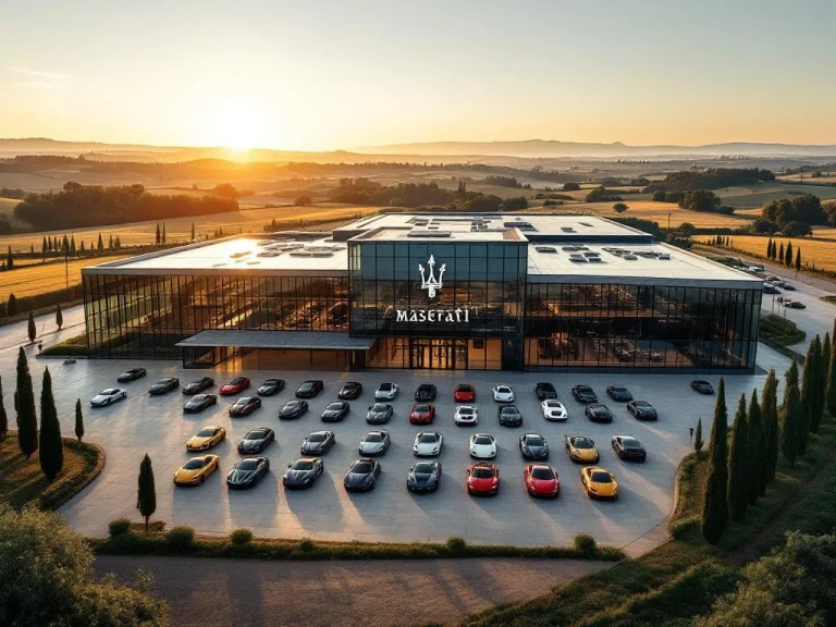 Luchtfoto van Maserati fabriek Modena met luxe sportwagens in binnenplaats, Italiaanse heuvels op achtergrond