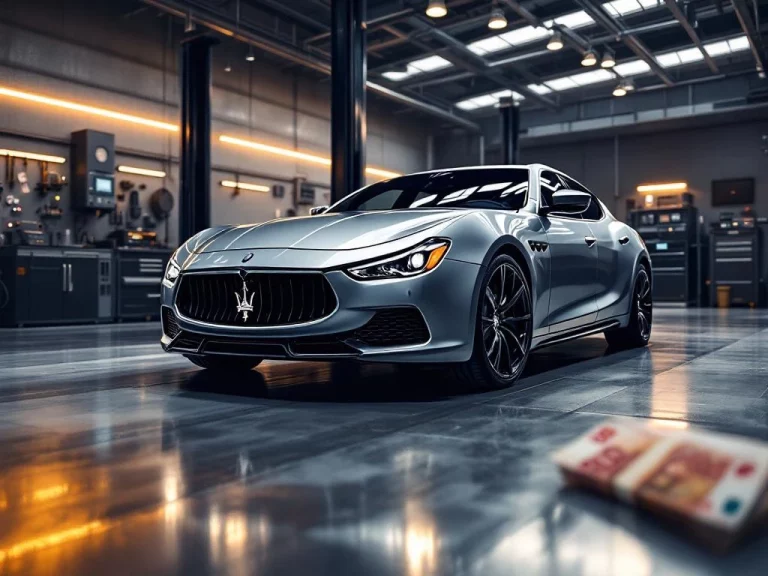 Zilveren Maserati Ghibli luxe sedan in moderne garage met gereedschap en euro bankbiljetten op achtergrond