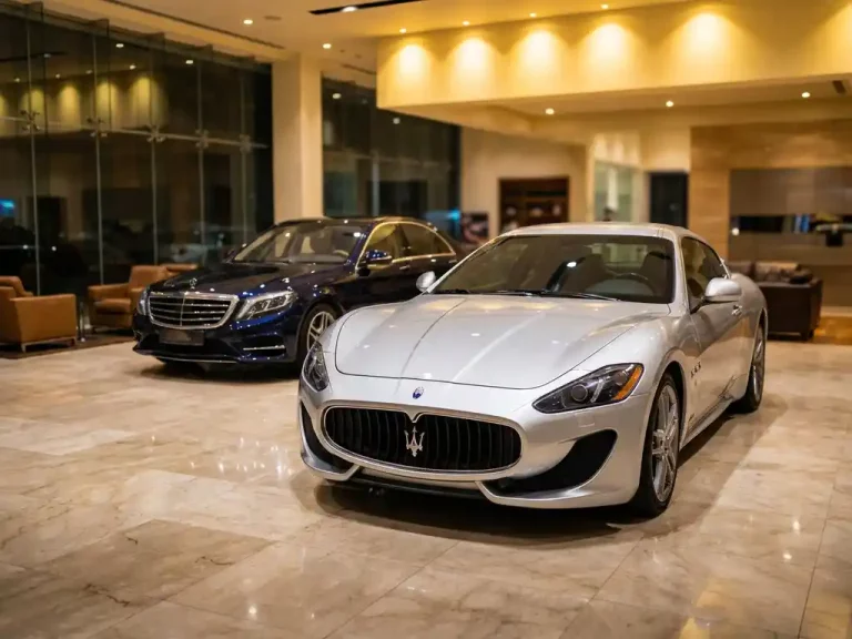 Zilveren Maserati GranTurismo in luxe showroom met marmeren vloer, blauwe Mercedes S-Klasse op achtergrond