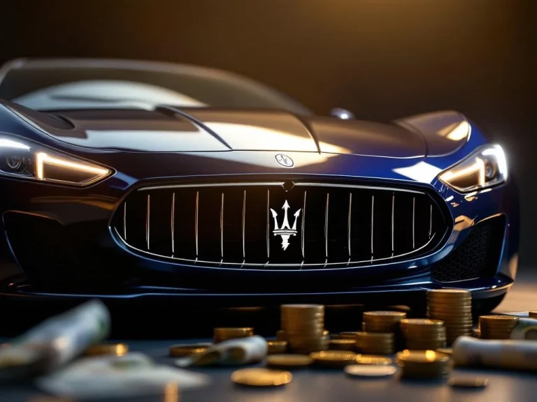 Maserati trident logo en grille close-up met eurobankbiljetten, luxe auto financiering concept in showroom verlichting