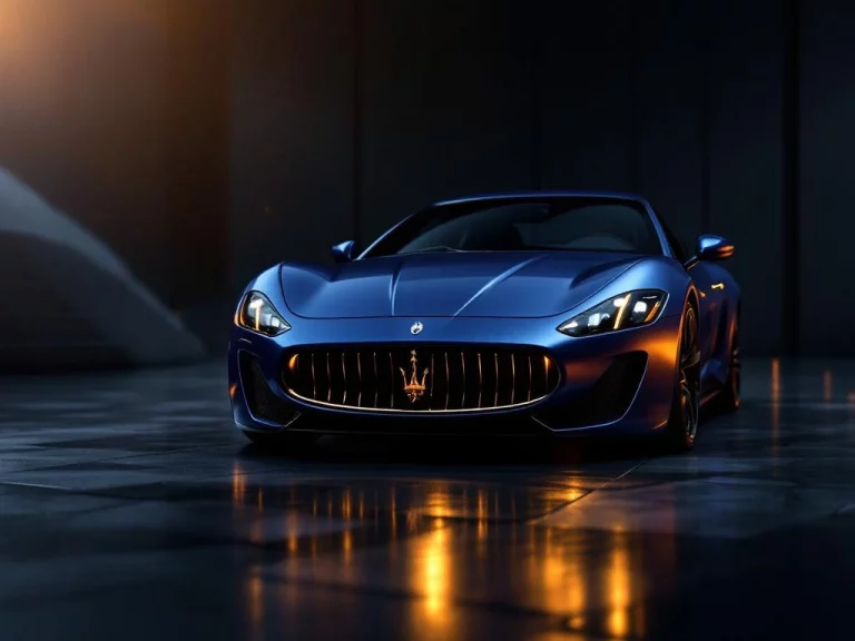 Blauwe Maserati sportwagen met iconisch drietand-grille tegen donkere achtergrond met bedrijfsdocumenten