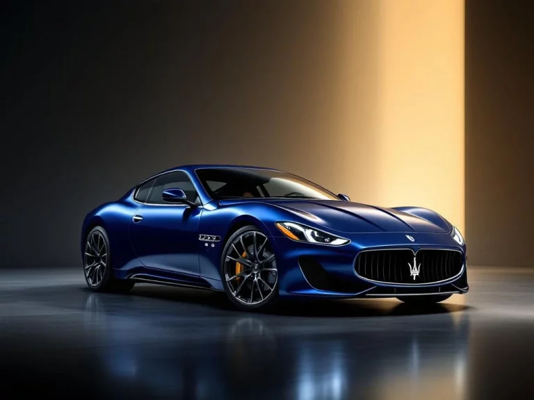 Donkerblauwe Maserati luxe sportwagen op reflecterende ondergrond met professionele studiobelichting en kwaliteitsiconen