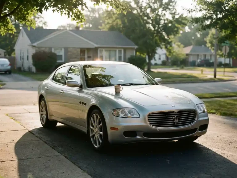 Zilveren Maserati Quattroporte geparkeerd in voorstedelijke oprit met koffiemok op motorkap in ochtendlicht
