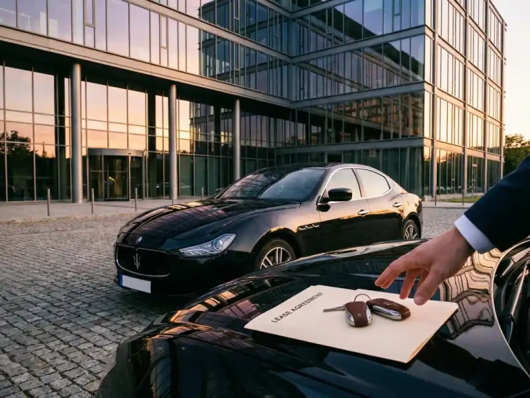 Zwarte Maserati sedan geparkeerd voor glazen kantoorgebouw met leasedocumenten en autosleutels op motorkap