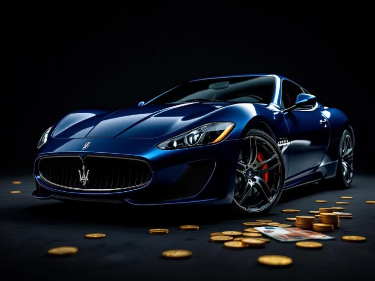 Donkerblauwe Maserati sportwagen in drie-kwart hoek met dramatische belichting en gouden munten op voorgrond