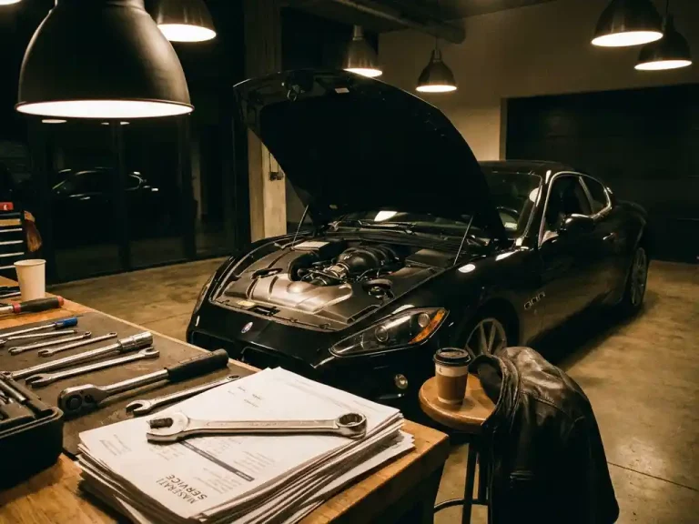 Zwarte Maserati sportwagen met open motorkap in luxe garage, gereedschap en reparatierekeningen op werkbank zichtbaar