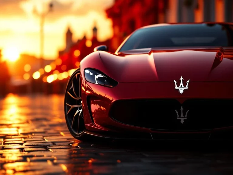 Rode Maserati sportwagen met trident logo tegen Italiaanse vlag achtergrond, gouden uur verlichting op glanzend metaal