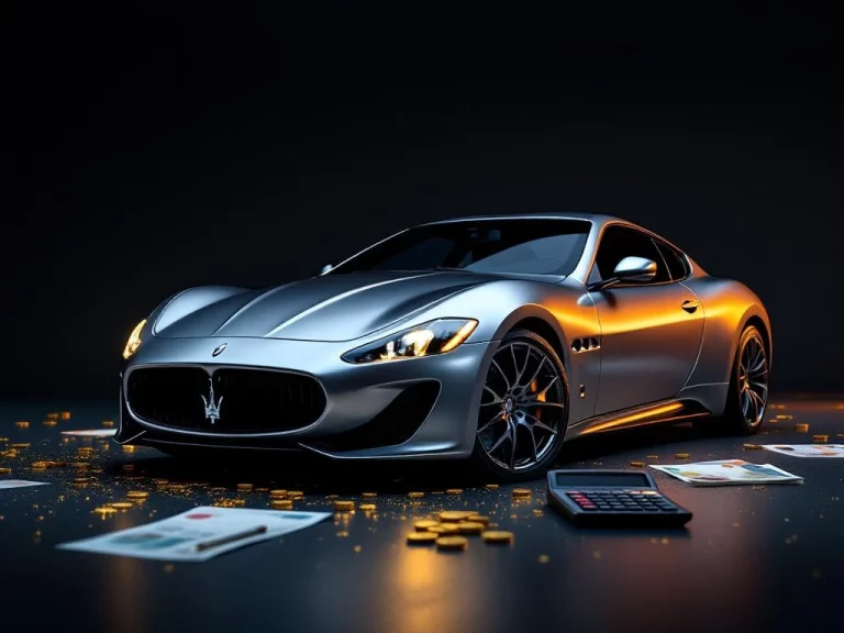 Zilveren Maserati sportwagen omringd door eurobiljetten en munten met calculator, luxe autofinanciering concept