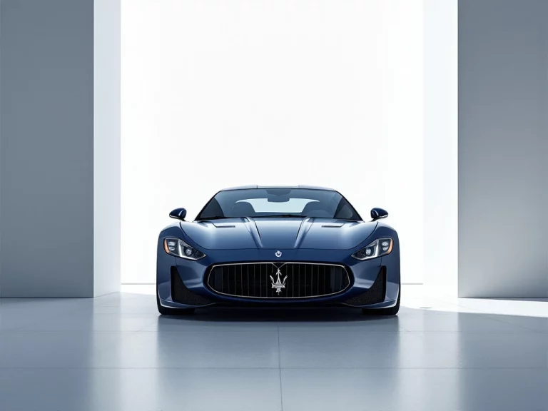Luxe blauwe Maserati sportwagen in drie-kwart hoek op witte achtergrond met dramatische belichting en chromen accenten