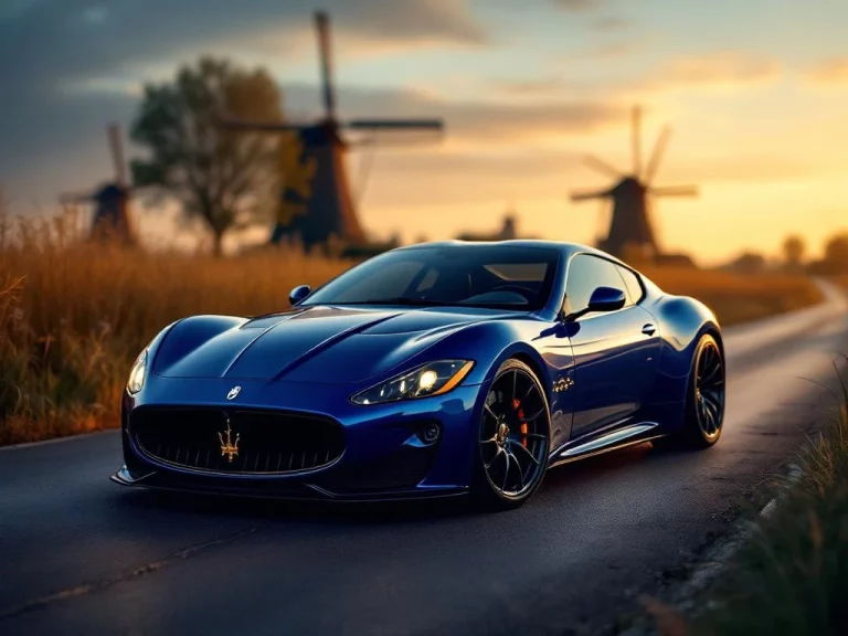 Metallic blauwe Maserati sportwagen in showroom kwaliteit met Nederlandse windmolens op zachte achtergrond
