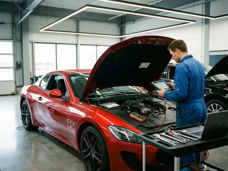 Monteur onderzoekt rode Maserati sportauto in moderne garage met professionele gereedschappen