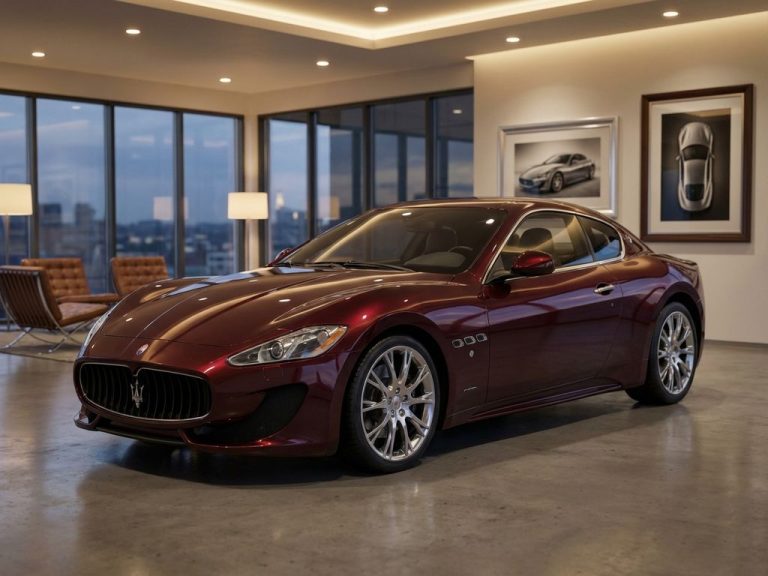 Luxe Maserati sportwagen in moderne showroom met gepolijste betonvloeren en elegante verlichting