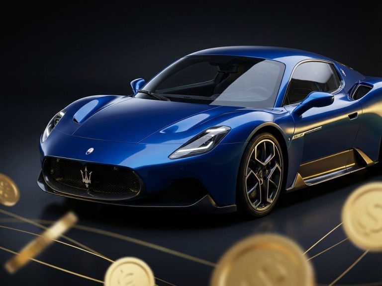 Luxe Maserati sportwagen in metallic blauw met trident grille en gouden accenten tegen zwarte achtergrond