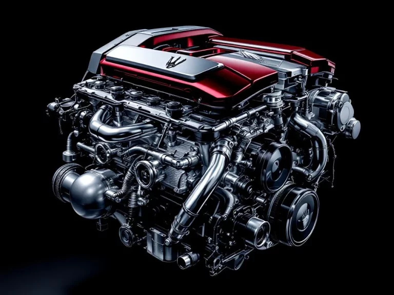 Doorsnede van Maserati V8-motor met chromen onderdelen, zuigers en kleppen zichtbaar in dramatische studiobelichting