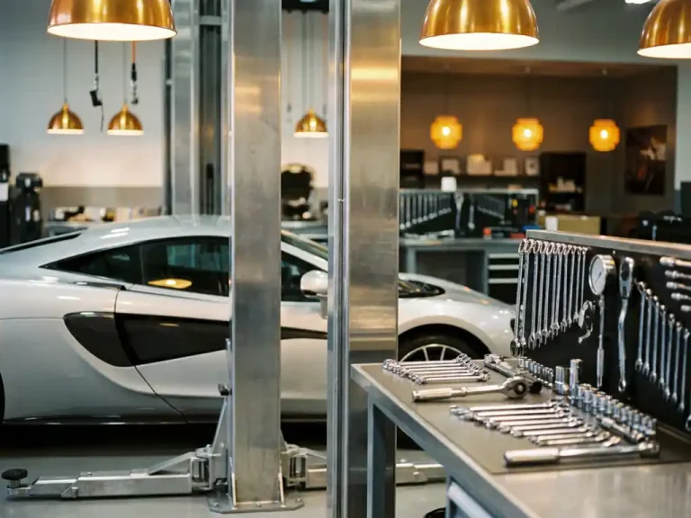McLaren 570S in metallic zilver naast een hydraulische hefbrug in een luxe serviceruimte met chromen gereedschap