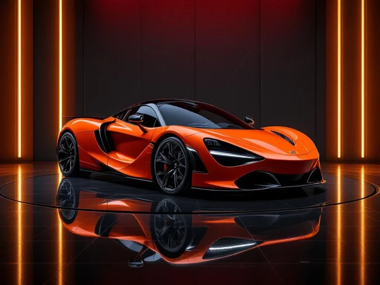 McLaren 720 supercar in papaya oranje op reflecterend oppervlak met dramatische studiobelichting en luxe showroom achtergrond