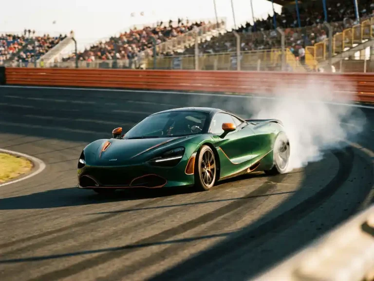 McLaren 720S racewagen neemt bocht op Circuit Zandvoort met oranje barrières en bandenslijtage zichtbaar