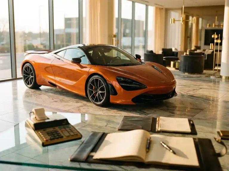 McLaren 720S in metallic papaya oranje op marmeren vloer met calculator en financiële documenten op glazen bureau