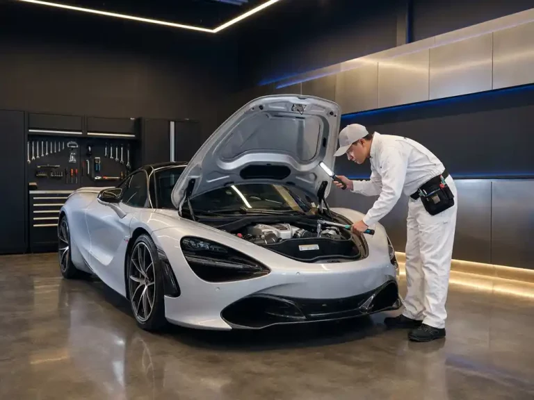 Zilveren McLaren 720S met open motorkap in moderne garage, technicus inspecteert twin-turbo V8 motor met precisie gereedschap