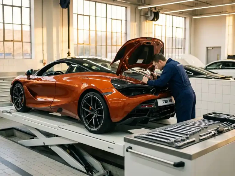 Oranje McLaren 720S op witte hefbrug in luxe dealerwerkplaats, technicus inspecteert motorruimte bij gouden licht