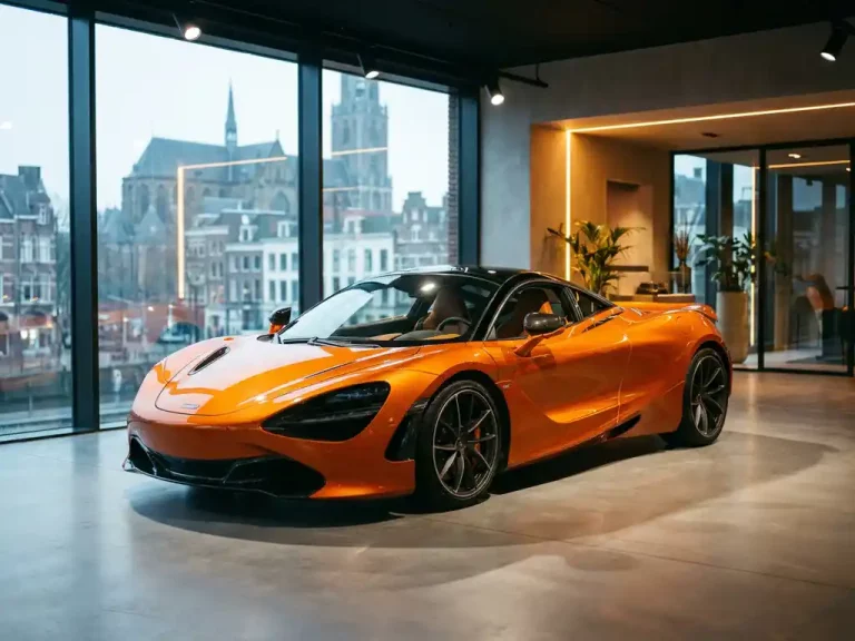 McLaren 720S in metallic oranje geparkeerd in moderne showroom met betonnen vloeren en dramatische verlichting in Utrecht