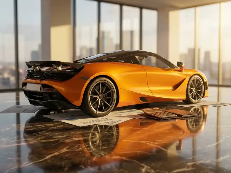 Papaya oranje McLaren 720S op marmeren vloer met financiële documenten en luxe rekenmachine, warm gouden licht