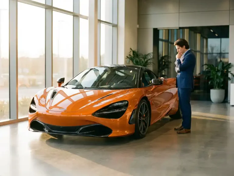 McLaren 720S in papaya oranje in moderne showroom met klant die het voertuig bekijkt bij gouden uurtje verlichting