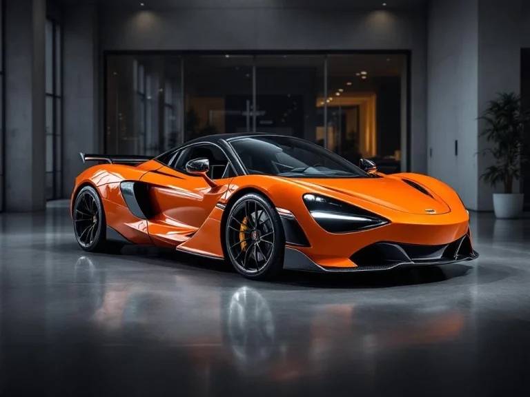 Oranje McLaren 750S supercar in moderne showroom met dramatische verlichting en glazen wanden