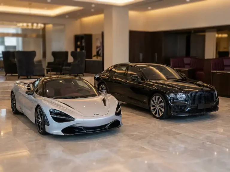 Zilveren McLaren sportwagen en zwarte Bentley sedan geparkeerd in luxe showroom met marmeren vloer en warme verlichting