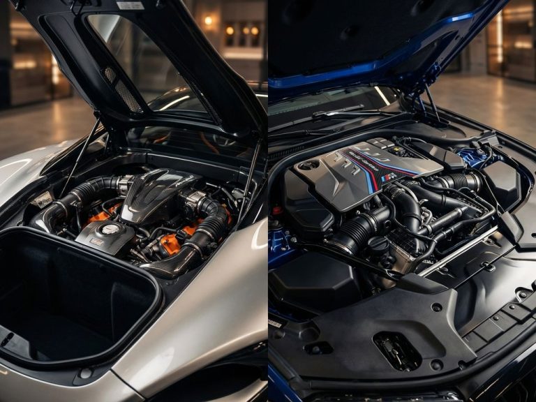 McLaren supercar motorruimte met open motorkap toont gedetailleerde mechanische componenten naast BMW motor vergelijking