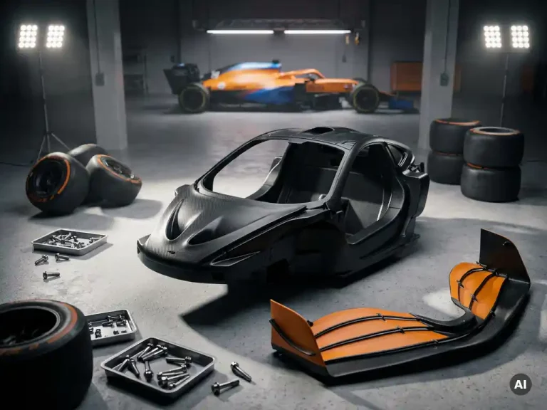 Blootgelegd koolstofvezel monocoque chassis van een McLaren supercar, omringd door titanium bevestigingen en aerodynamische diffusorpanelen.