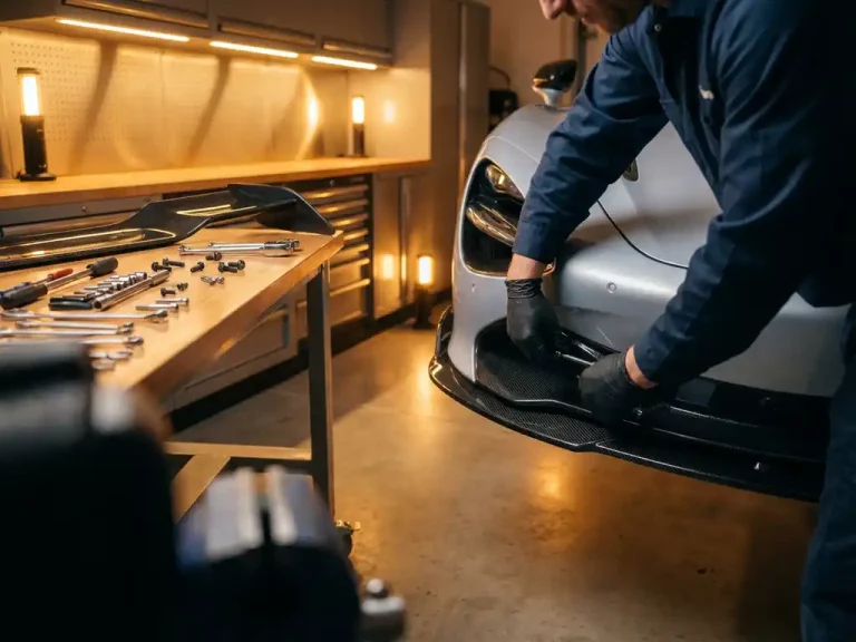 Zilveren McLaren sportwagen in garage met monteur die carbon fiber aerodynamisch onderdeel installeert, gereedschap op werkbank