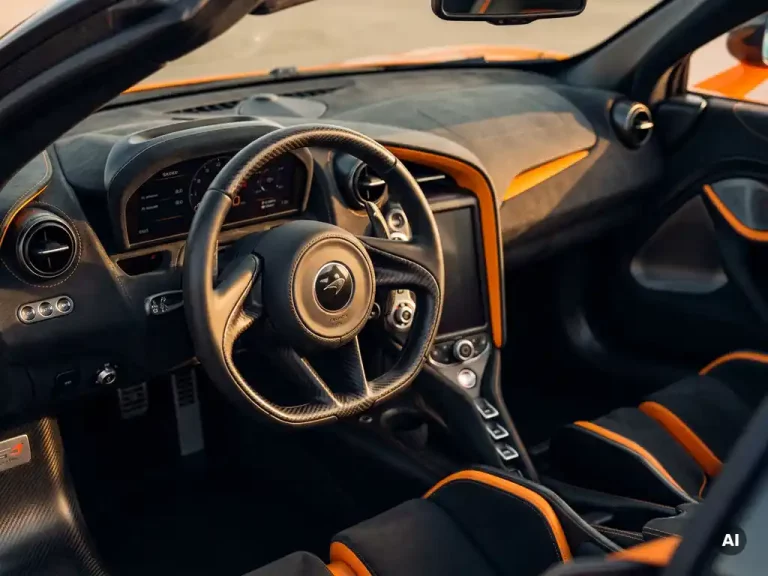 McLaren cockpit interieur met koolstofvezel stuur, papaya oranje accenten en matte carbon dashboard in close-up.