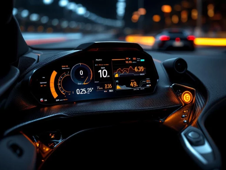 McLaren supercar dashboard met digitale telemetrie-schermen, carbon fiber details en luxe leren interieur in zwart