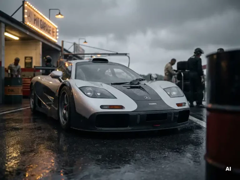 McLaren F1 GTR in zilver-zwarte livery op een regennat pitlane, laag camerastandpunt benadrukt het koolstofvezel carrosserie.