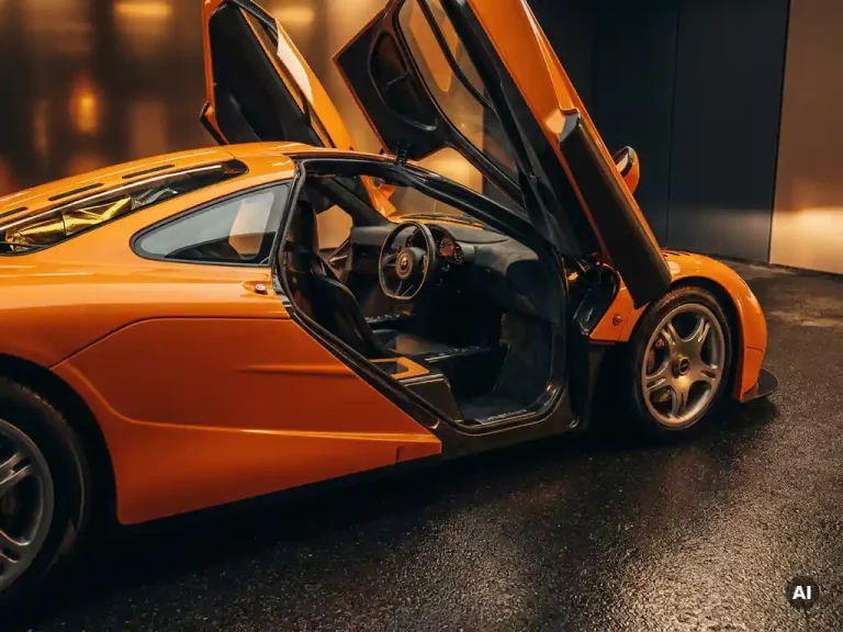 McLaren F1 in papaya oranje op laag camerastandpunt, met koolstofvezel carrosserie en centrale rijpositie cockpit op glanzend asfalt.
