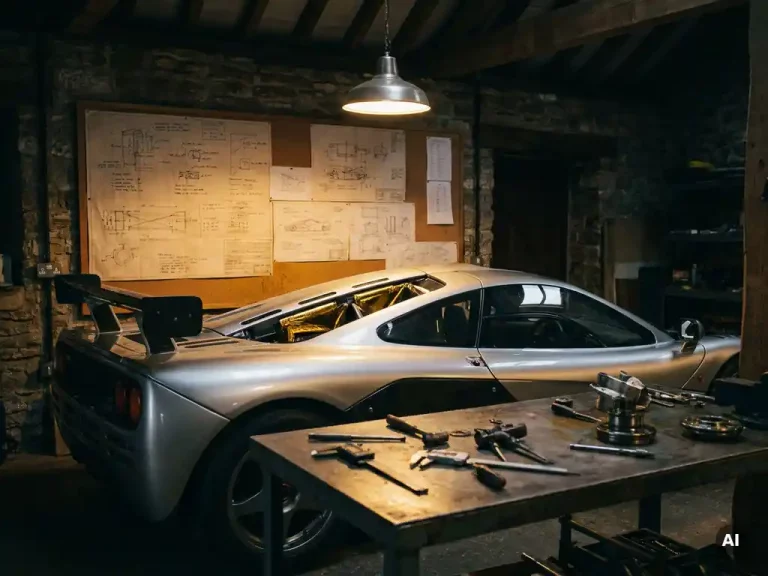 Zilveren McLaren F1-prototype in Brits engineeringworkshop met technische schetsen, gereedschap en dramatisch amberkleurig licht op koolstofvezel carrosserie.