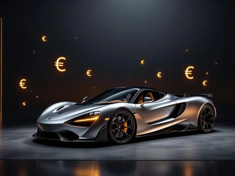 McLaren GT sportwagen in metallic zilver in luxe showroom met dramatische verlichting en gouden prijslabels