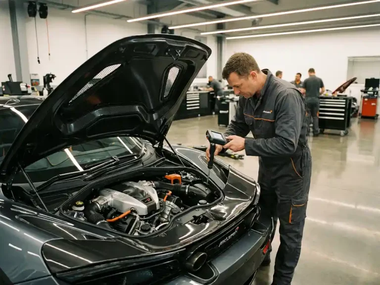 McLaren sportwagen met geopende motorkap terwijl monteur in overall motorcomponenten inspecteert in professionele werkplaats