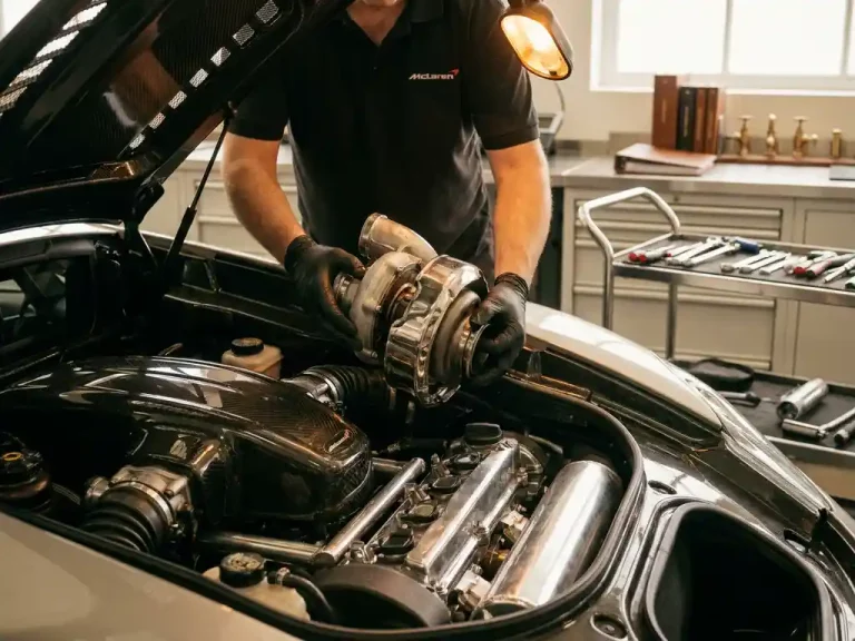 Monteur met handschoenen tilt turbocharger uit McLaren motorruimte met carbon fiber onderdelen en gepolijste gereedschappen