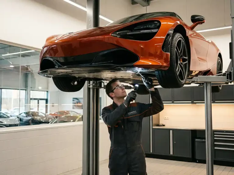McLaren sportwagen op hydraulische lift terwijl technicus in Louwman Exclusive uniform het onderstel inspecteert in luxe servicewerkplaats