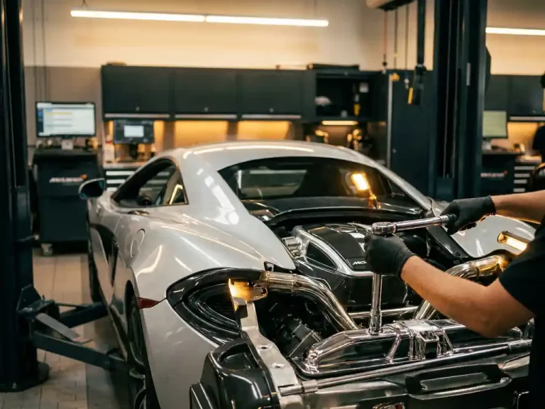 Monteur past precisie gereedschap aan op glanzende motorcomponent van zilveren McLaren sportwagen in luxe garage werkplaats