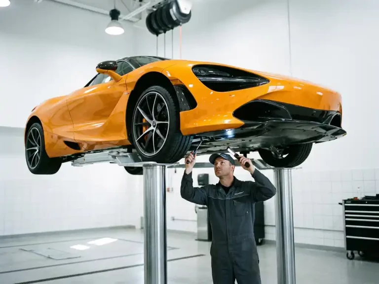 McLaren supercar op hydraulische lift in witte servicewerkplaats, technicus inspecteert carbon fiber onderzijde met precisietools