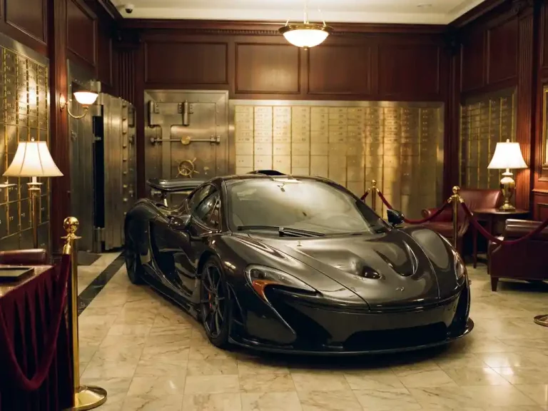 Zwarte carbon fiber McLaren P1 geparkeerd in elegante bankkluis met marmeren vloeren en gouden kluisjes